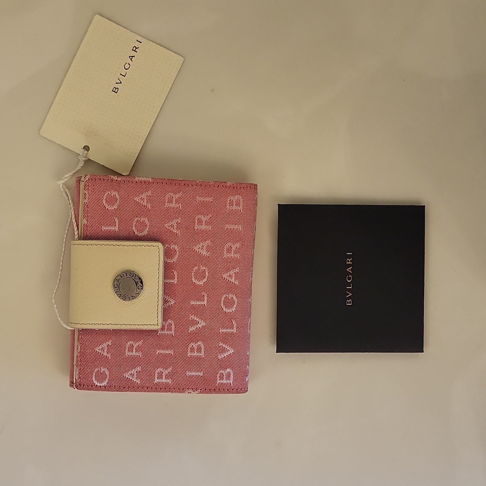 Bvlgari logo fabric and leather wallet, pink and cream NEW